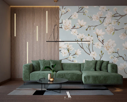Elegant Magnolia Floral Mural Wallpaper in living room