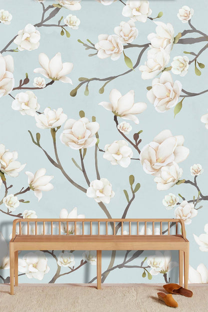 Elegant Magnolia Floral Mural Wallpaper in entryway