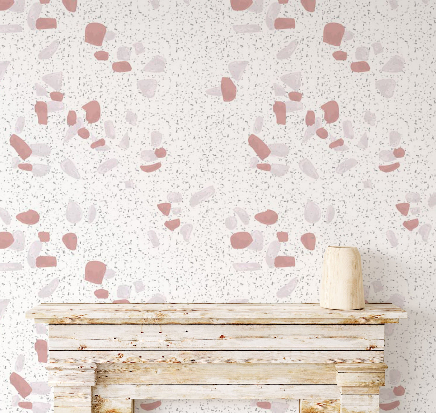 Wallpaper mural in the bedroom featuring a white chip and marble pattern