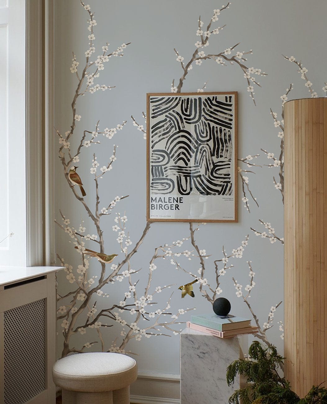 white plum vintage flower and birds wall mural art design