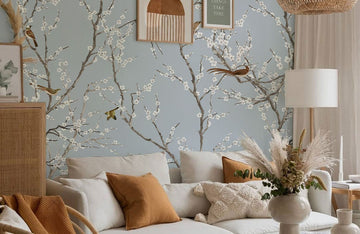 Elegant Bird Blossom Branch Mural Wallpaper