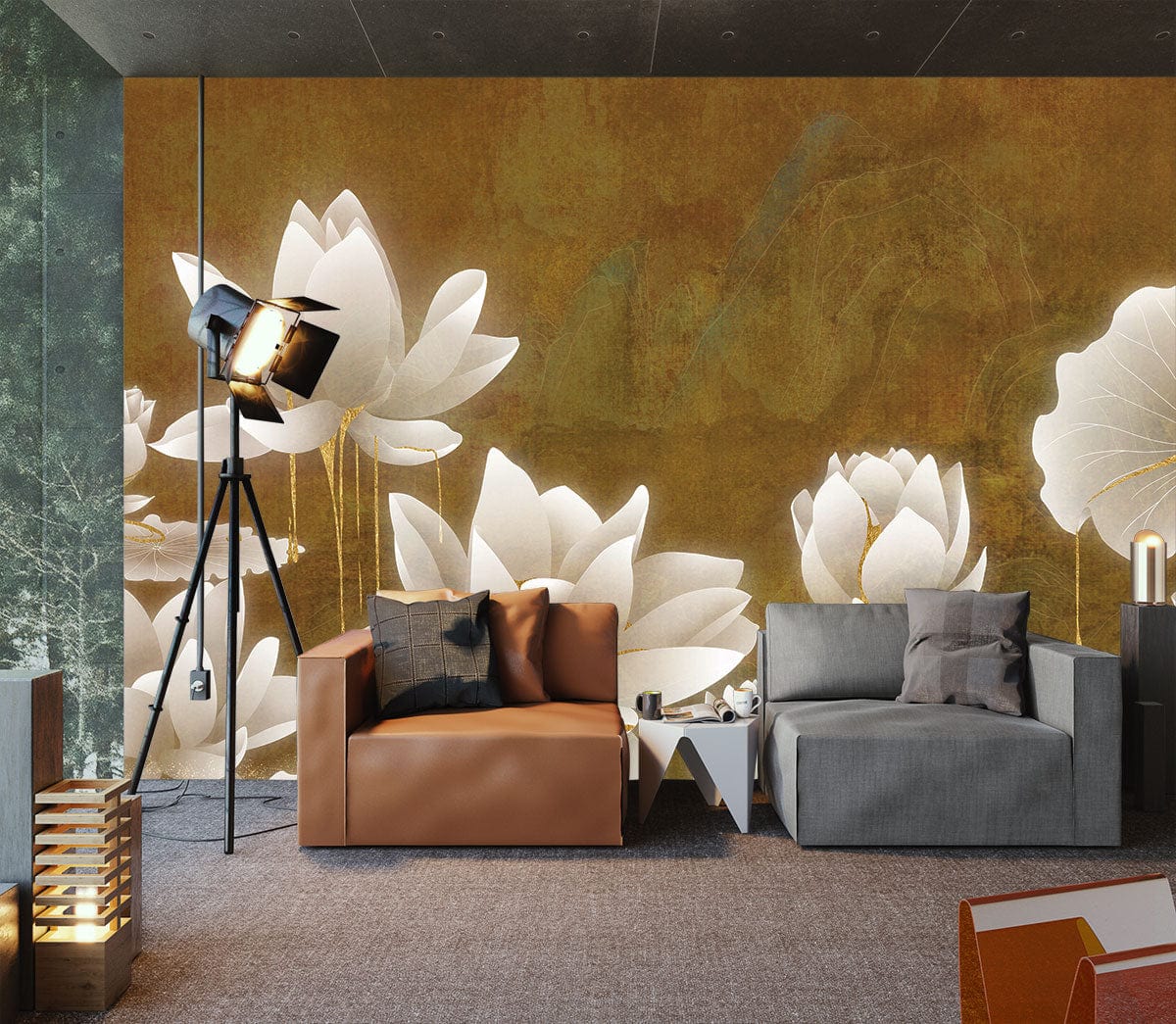 Gilt Lotus Wallpaper Art Design Interior