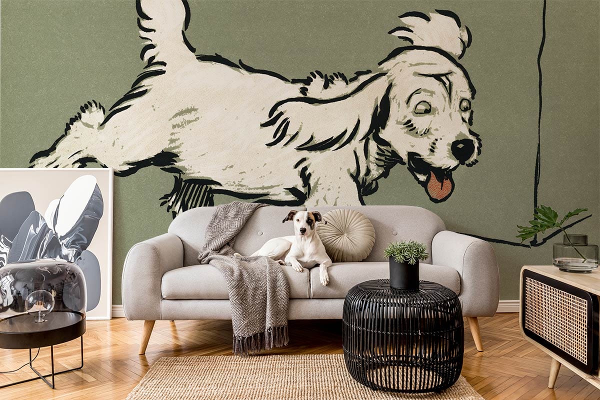 White Puppy Cartoon Wall Mural For Living Room