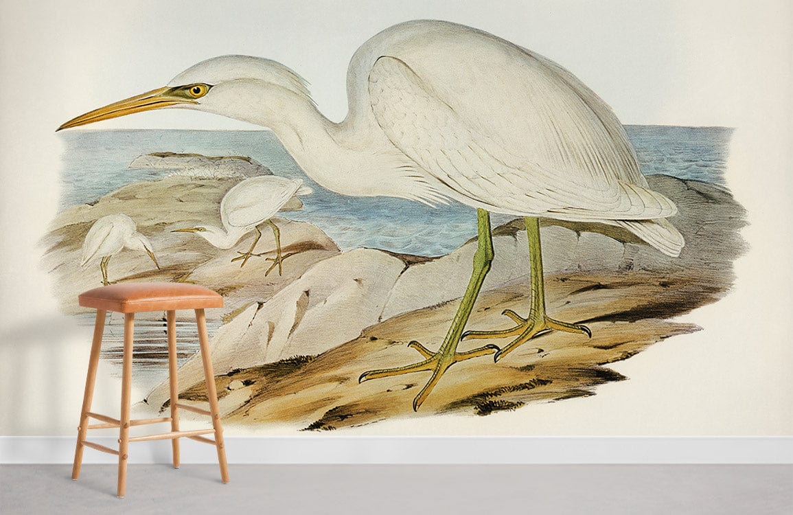 Elegant White Heron Coastal Mural Wallpaper