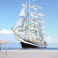 Home decoration wallpaper mural with a white ship and a blue sky.