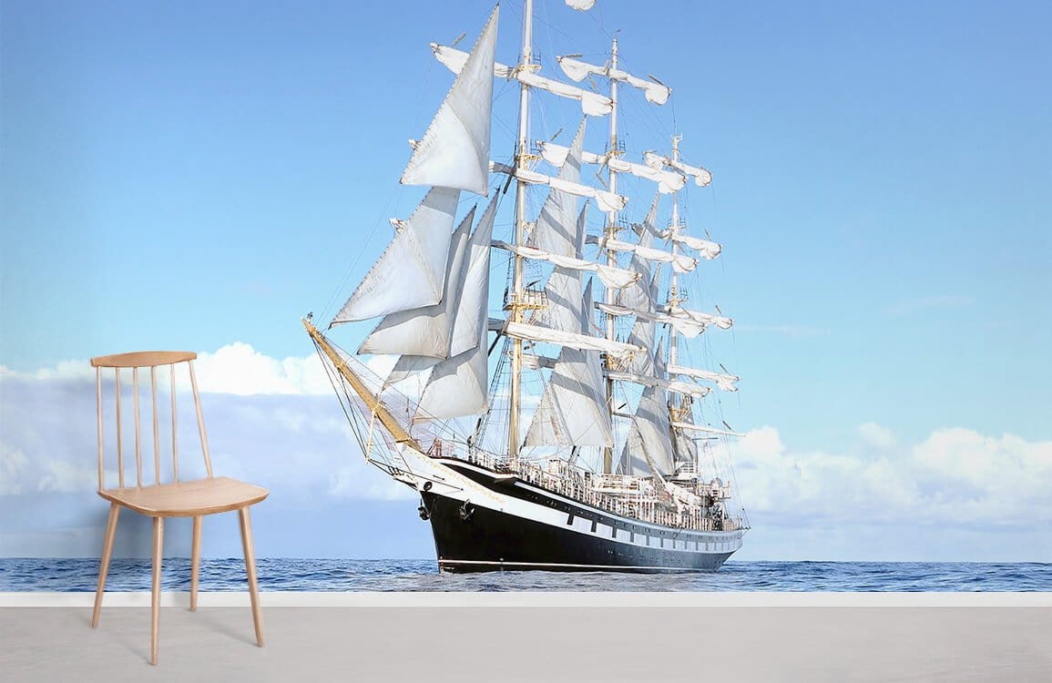 Home decoration wallpaper mural with a white ship and a blue sky.