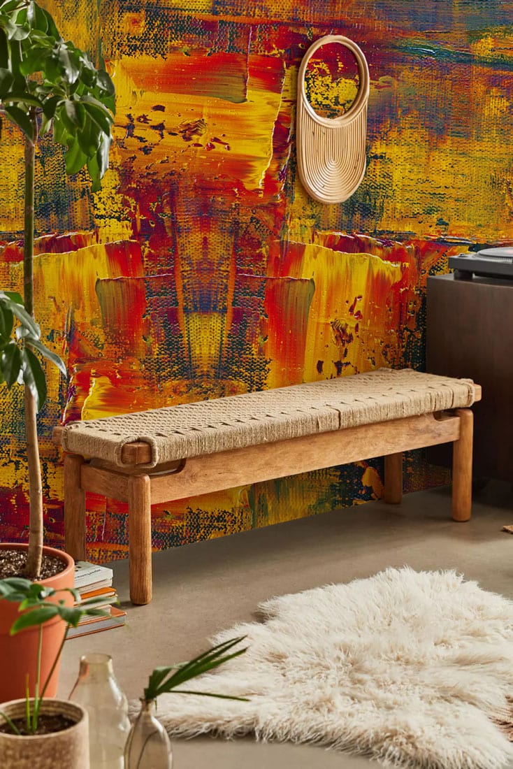 Decorate your hallway with a mural including wild colours of paint and wallpaper.