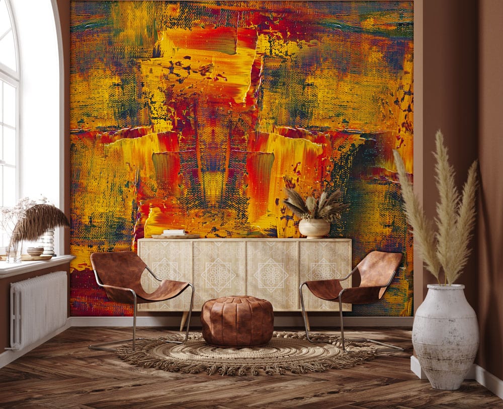 Decorate your living room with a mural featuring wild colours by painting or wallpapering it.