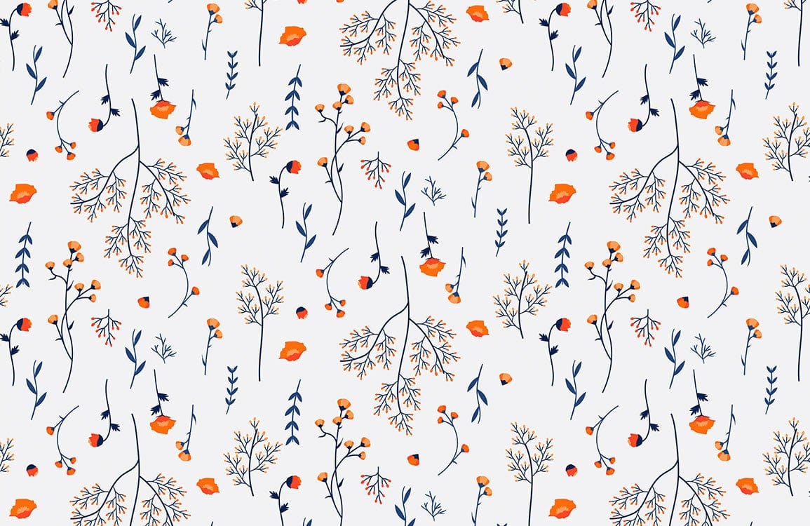 Botanical Orange Blue Floral Mural Wallpaper