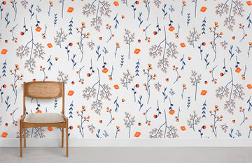 Botanical Orange Blue Floral Mural Wallpaper