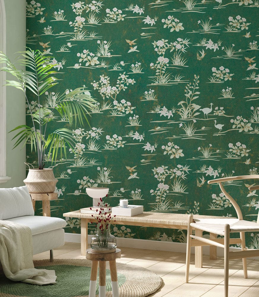 Decorate your hallway with this mural of wildflowers on a green wallpaper.