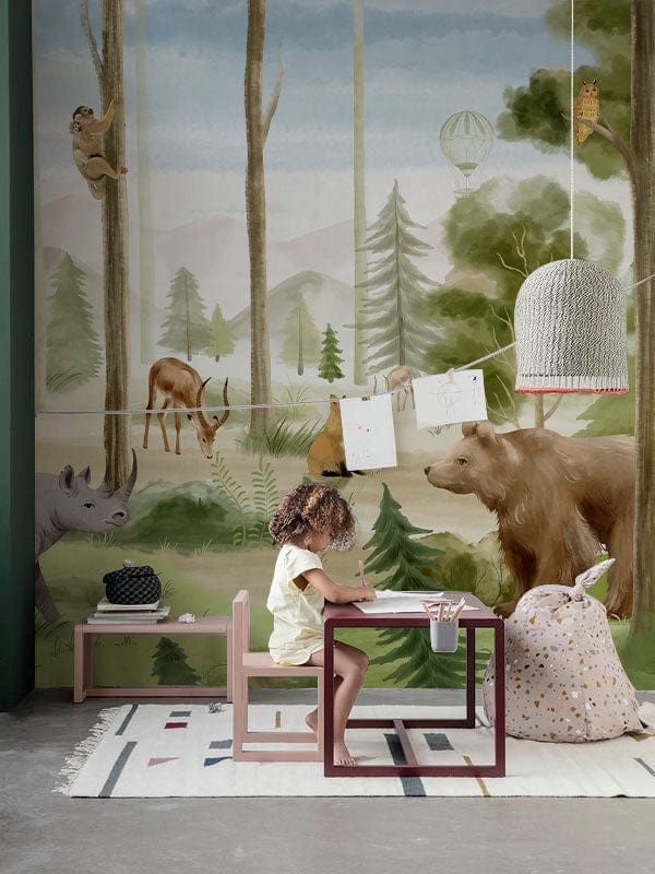 Mural Wallpaper with Animals in the Woods, a Dry Setting, for a Child's Room