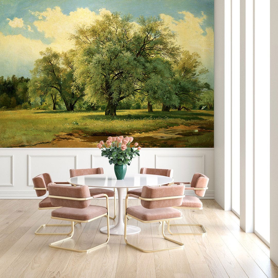 Wallpaper mural featuring willows illuminated by the sun, perfect for decorating the dining room.