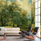 Wallpaper mural with willows illuminated by the sun, perfect for living room decor.