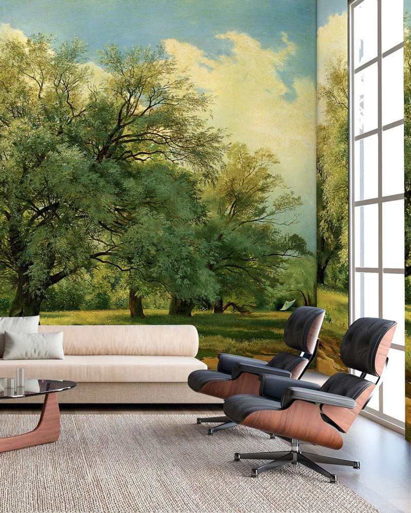 Wallpaper mural with willows illuminated by the sun, perfect for living room decor.