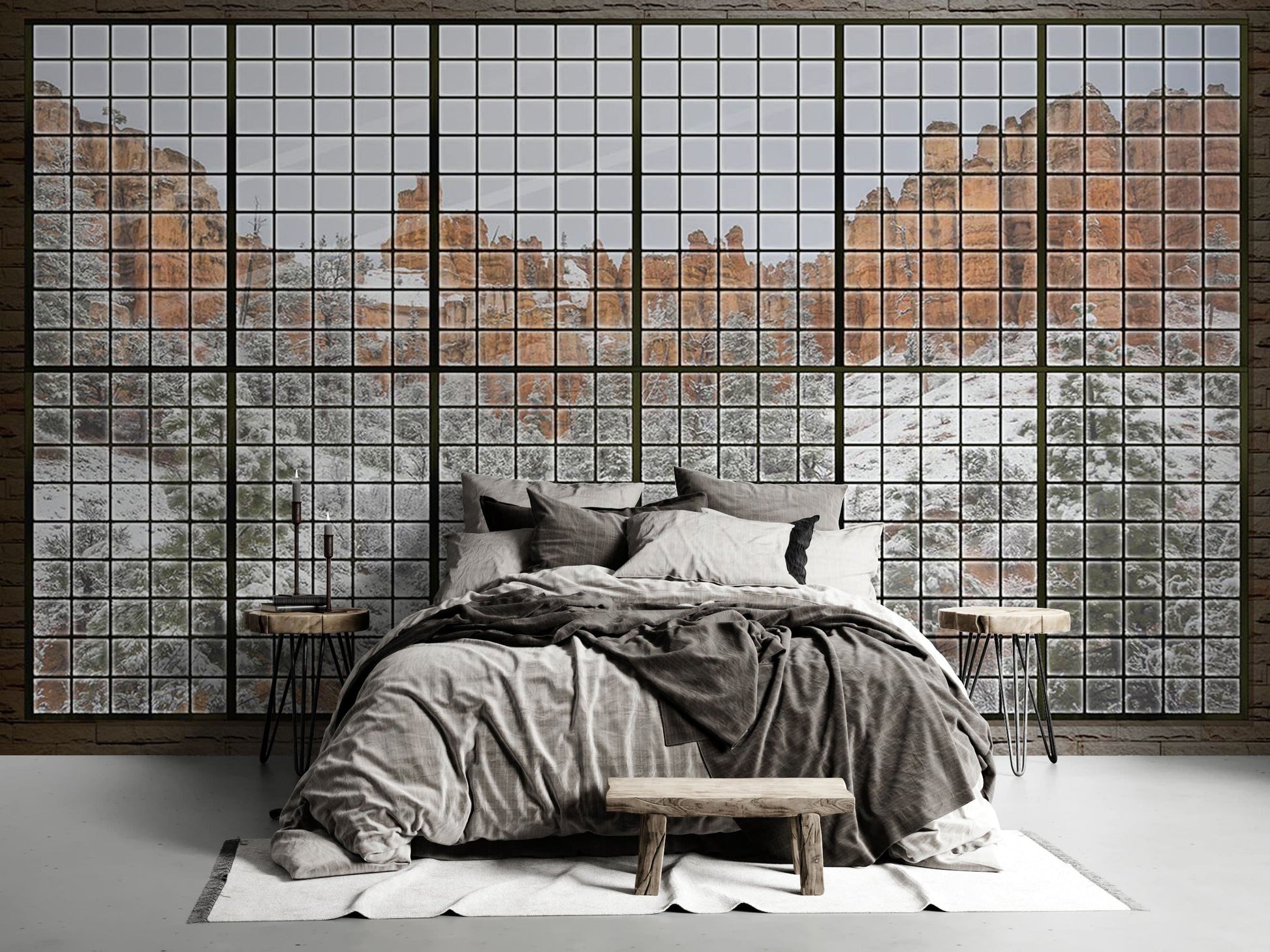 Wallpaper mural with a window and a snowy mountain for use in decorating bedrooms
