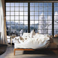 Wallpaper mural depicting a window with snow for use in interior design of a bedroom