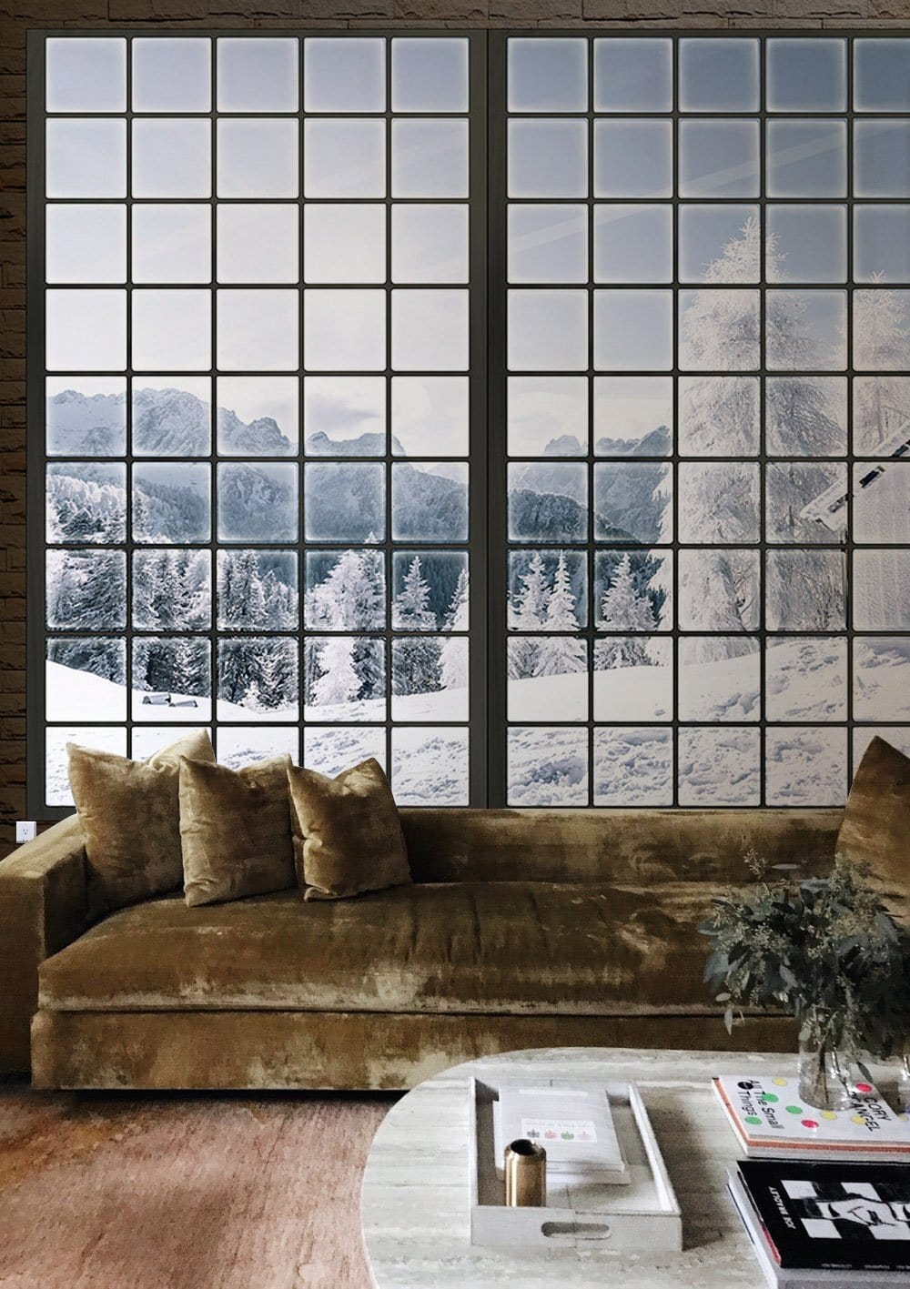Window with a Snow View Wallpaper Mural for Use in Decorating the Living Room