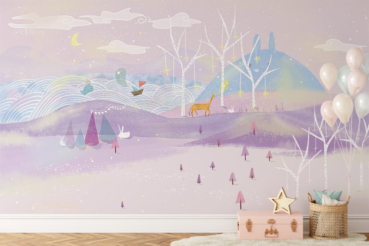 Winter Landscape Watercolor Mural Custom Design