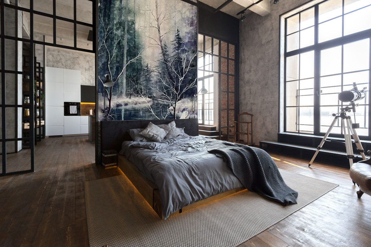 winter landscape wall mural bedroom decor idea