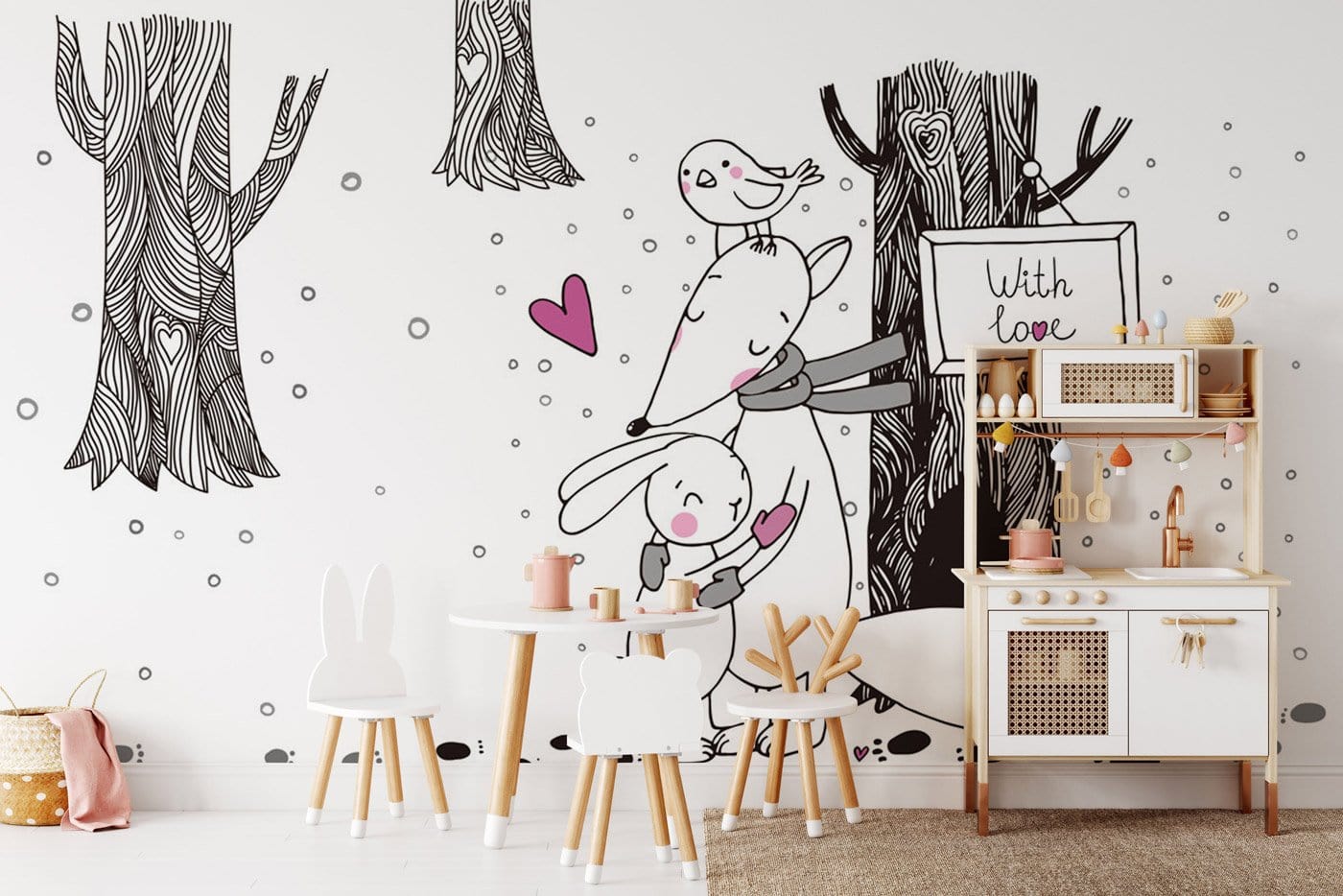 Wallpaper mural with animals sharing love for use in decorating a nursery.
