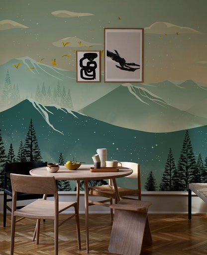 wallpaper mural with an ombre mountain scene for use in living room ideas