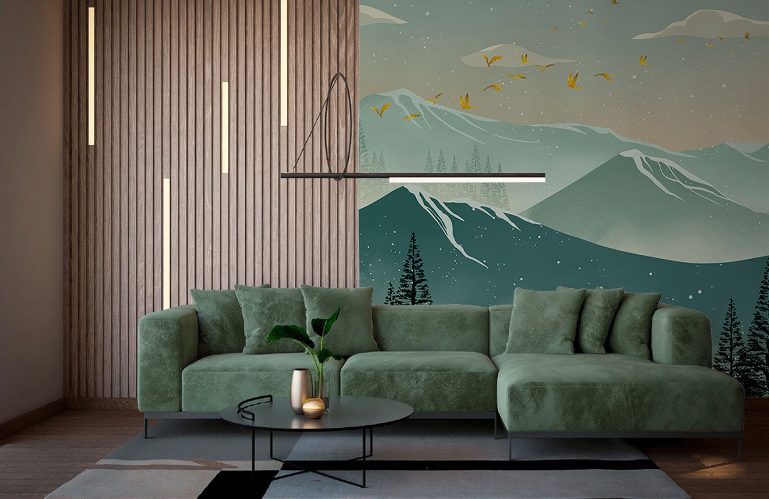 wallpaper mural with an ombre mountain scene for the inside of a home
