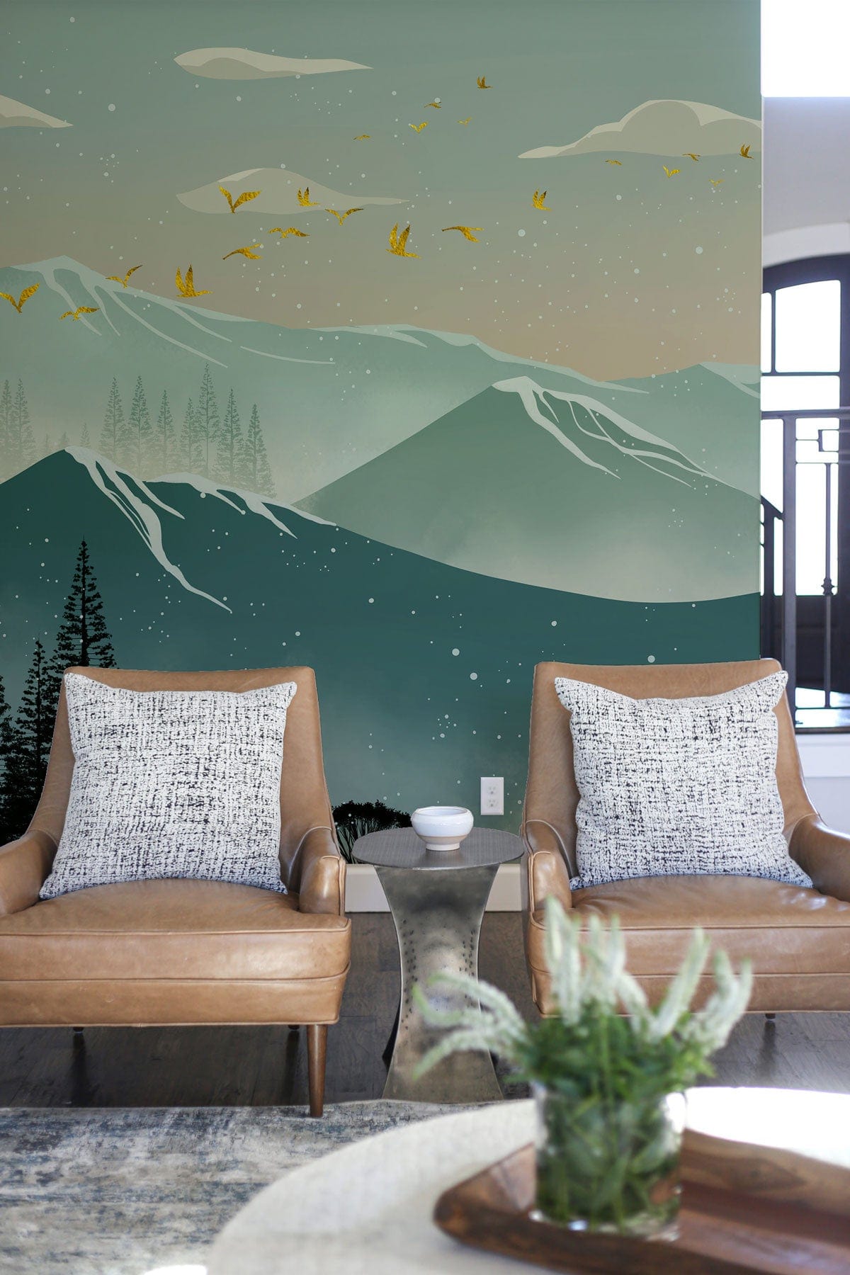wallpaper design in the form of an ombre green mountain range with forest peaks adornment