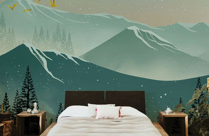 mural wallpaper depicting a verdant mountain landscape for the house.