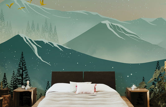 mural wallpaper depicting a verdant mountain landscape for the house.