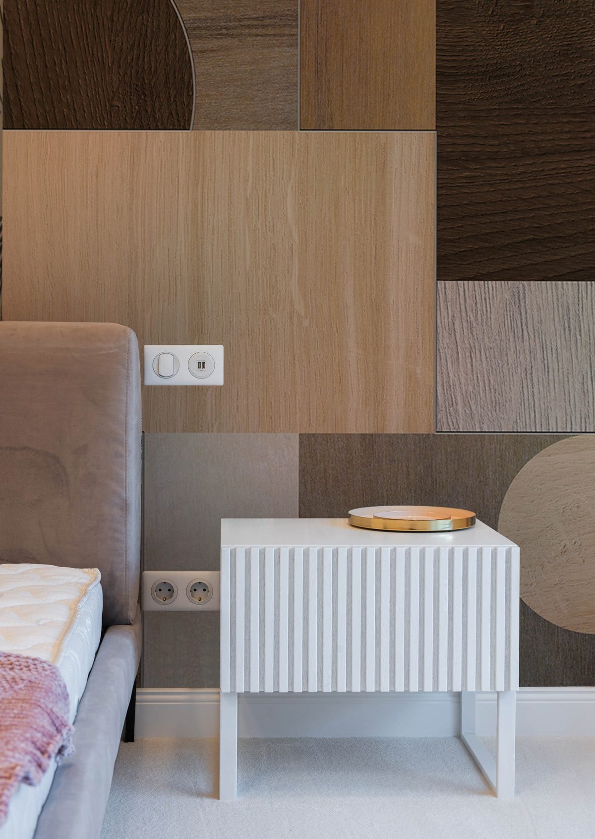 Bedroom Covered in a Geometric Wood Block Wallpaper Mural