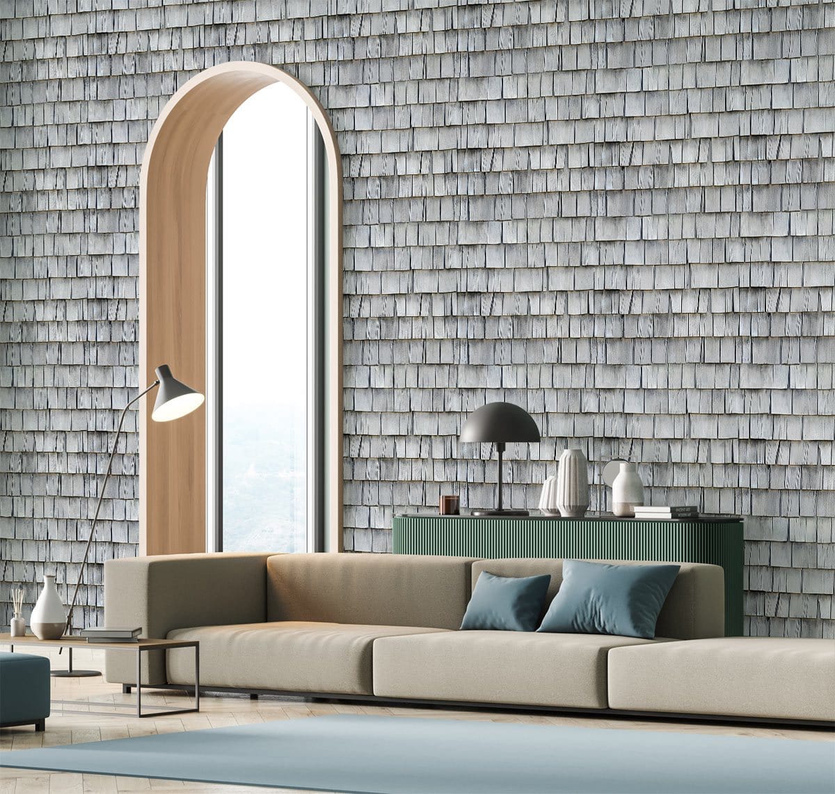 Modern Grey Shingle Textured Mural Wallpaper in living room