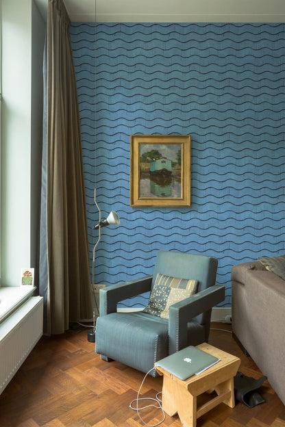Modern Blue Geometric Wave Mural Wallpaper in living room