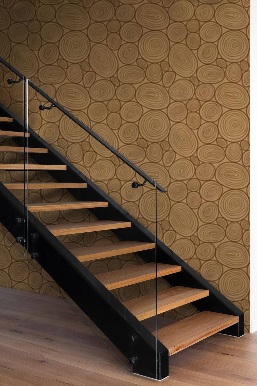 Wallpaper mural with a wood pattern effect, installed in the hallway