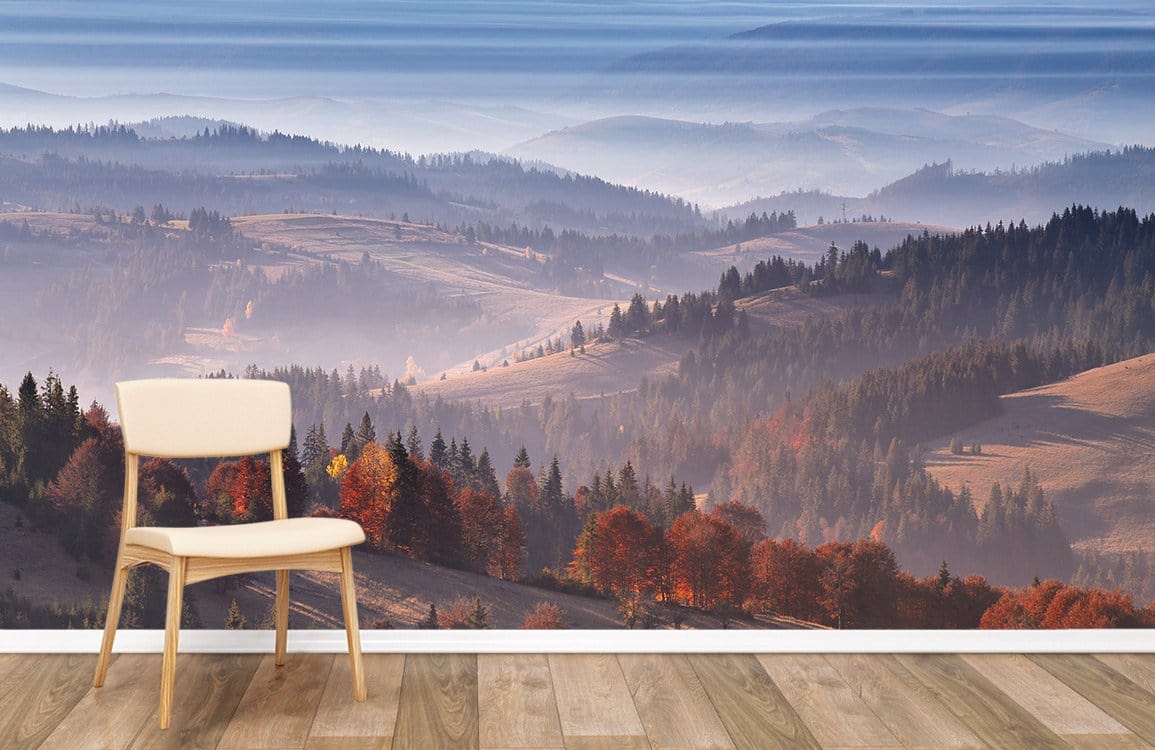 Wallpaper mural for home decoration featuring a forest and a cloudy sea.