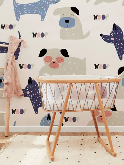 Decorate your nursery with this adorable Cartoon Dog Wallpaper Mural.