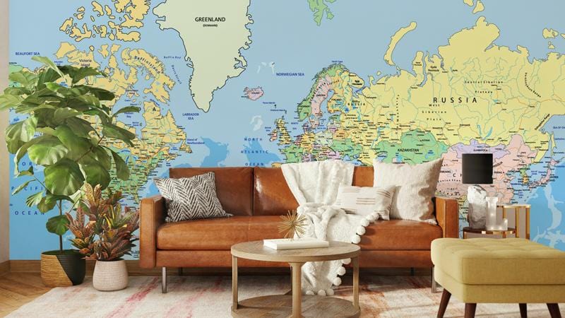 Sophisticated Colorful World Map Mural Wallpaper in living room