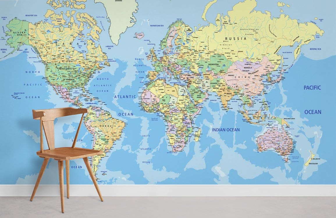 Sophisticated Colorful World Map Mural Wallpaper in study or an educational space