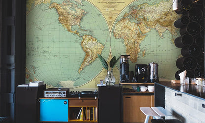 Vintage Green World Map Mural Wallpaper in coffee bar or cafe area