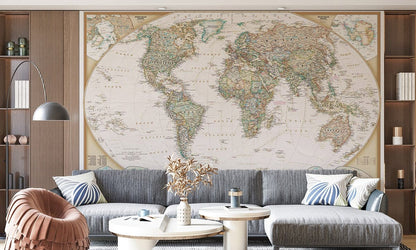 Vintage World Map Executive Mural Wallpaper in living room