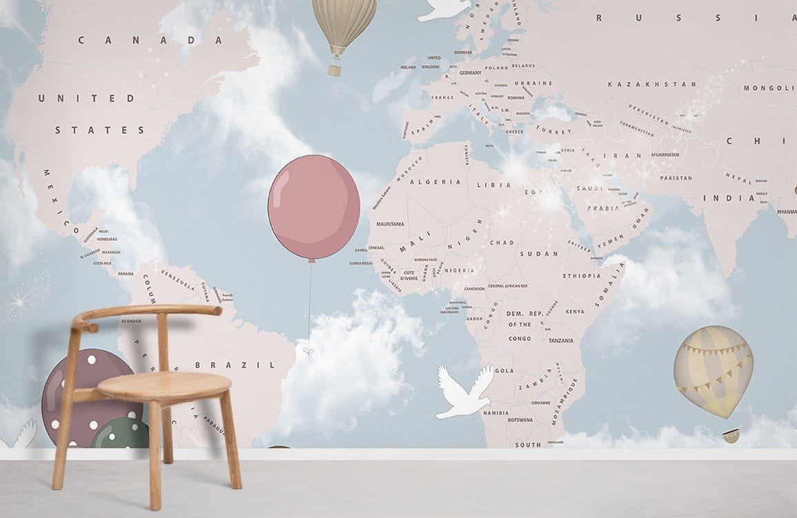 Wallpaper mural for home decoration with a pastel cartoon globe map.