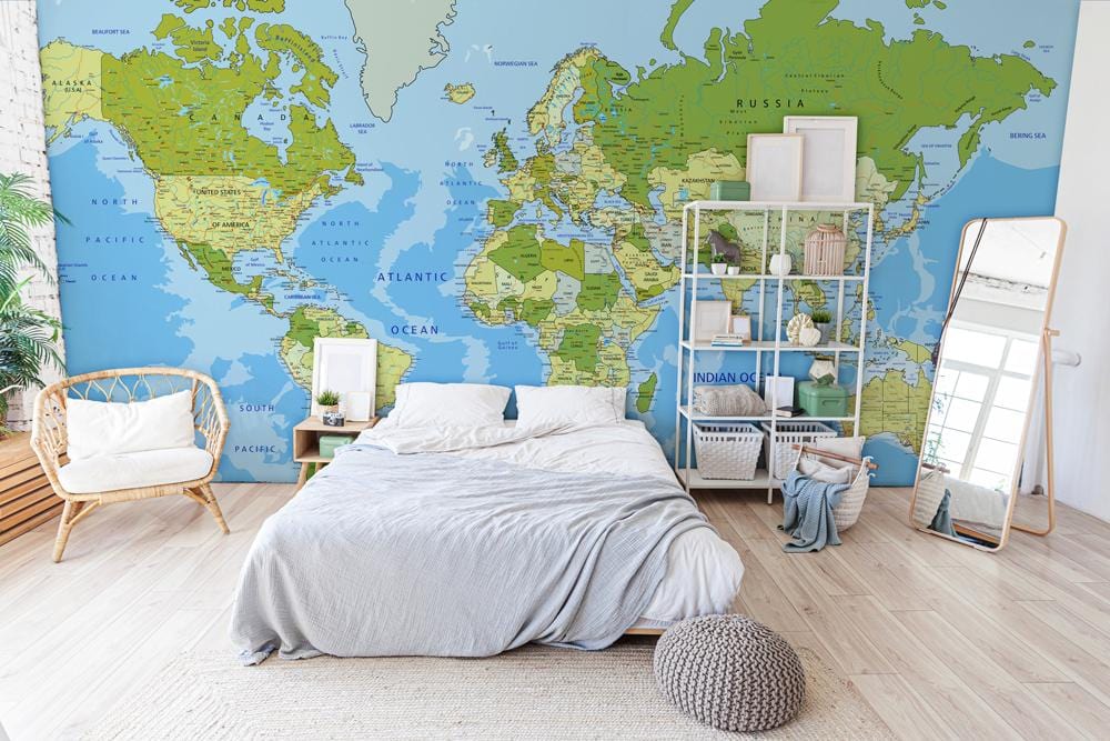 Educational Ocean World Map Mural Wallpaper in bedroom