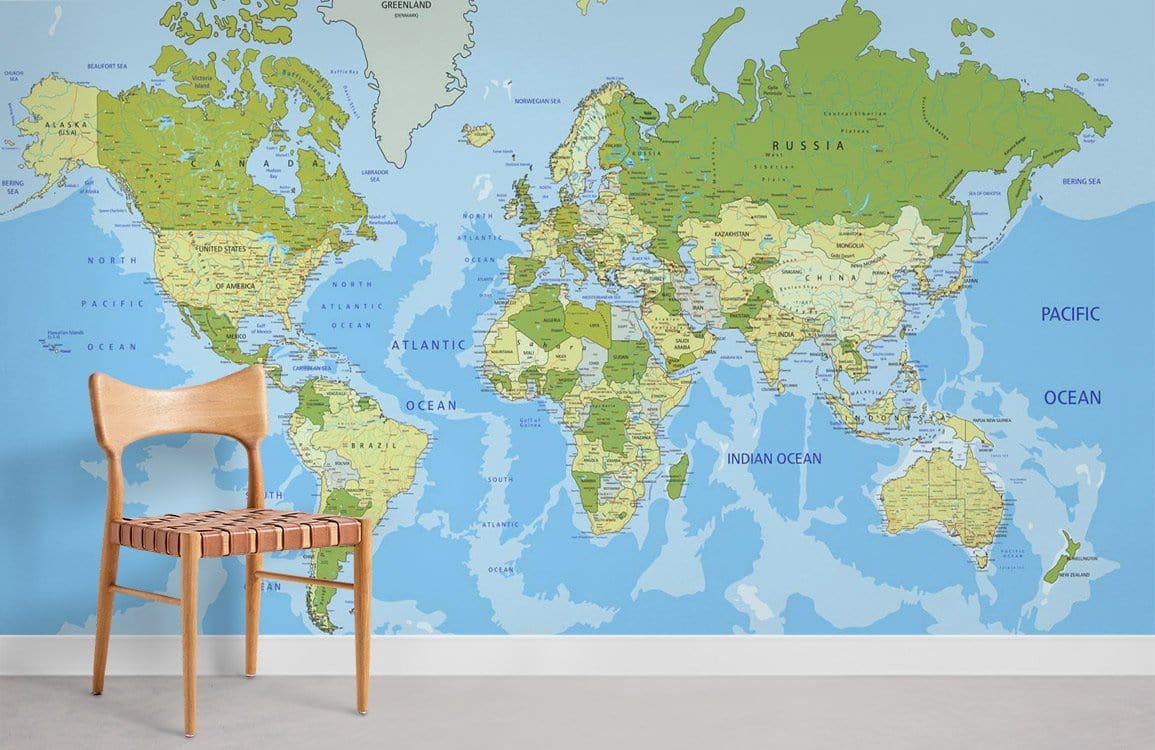 Educational Ocean World Map Mural Wallpaper in office