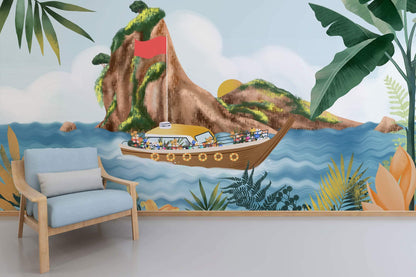 Tropical Boat Adventure Kids Mural Wallpaper in living room