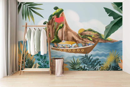 Tropical Boat Adventure Kids Mural Wallpaper in bedroom