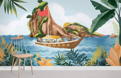 Tropical Boat Adventure Kids Mural Wallpaper