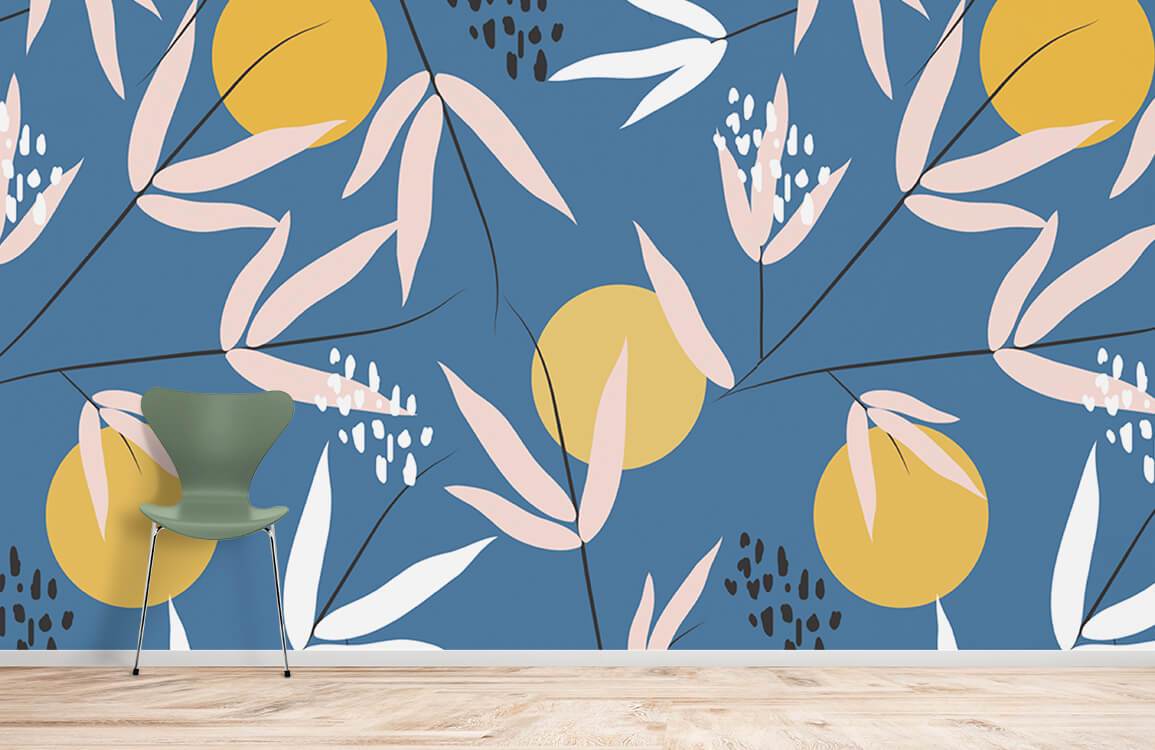 mural wallpaper for the home decorated with yellow balls and leaves.