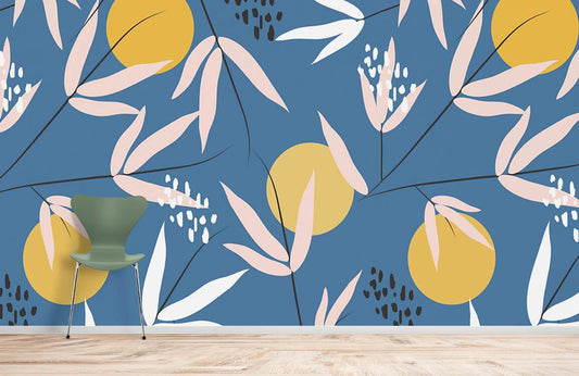 mural wallpaper for the home decorated with yellow balls and leaves.
