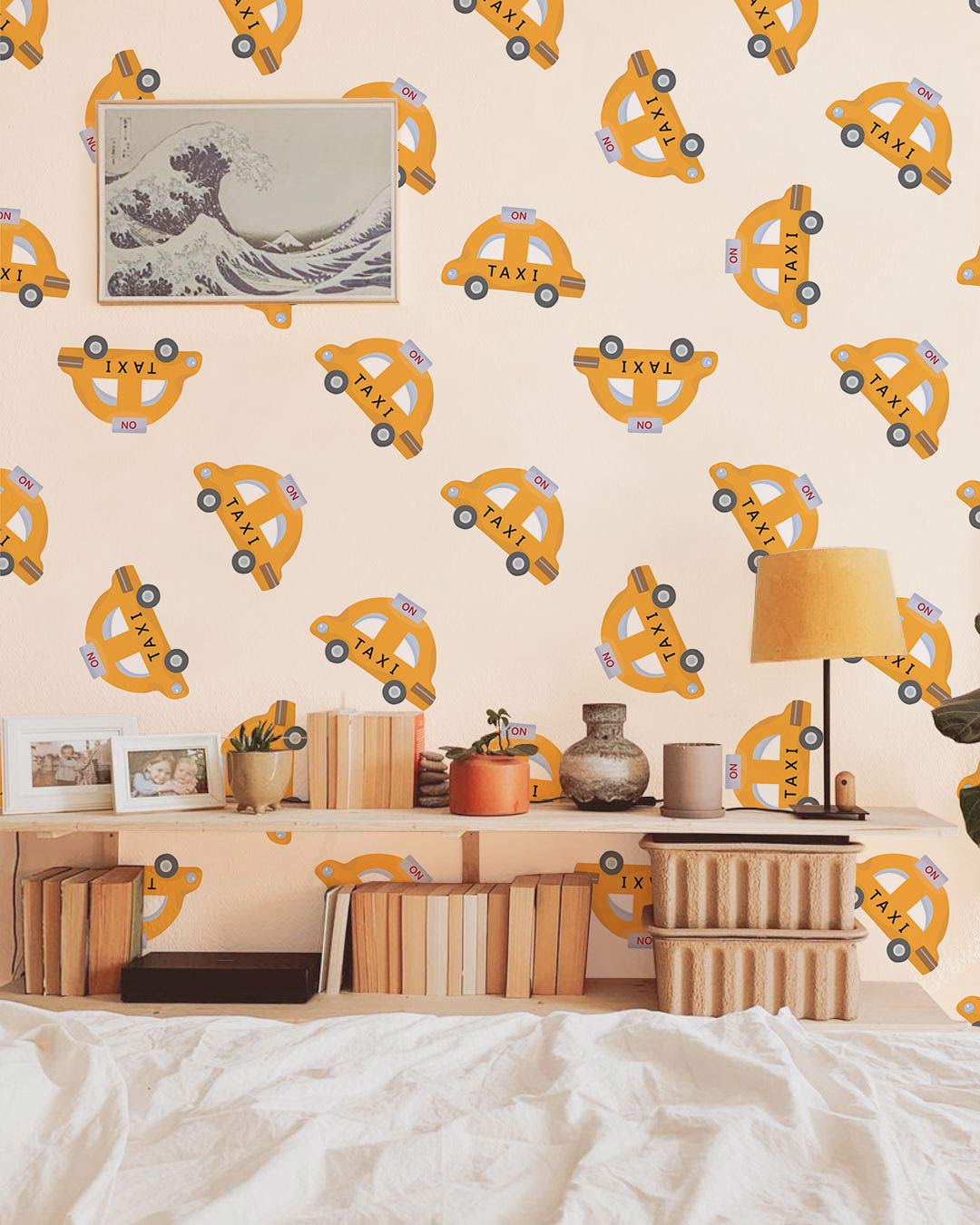 Cartoon Taxi Yellow Wallpaper Nursery Room