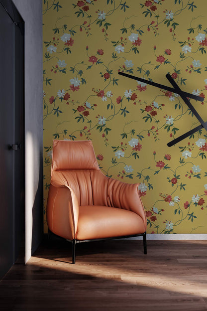 Vintage Botanical Floral Print Mural Wallpaper in living room